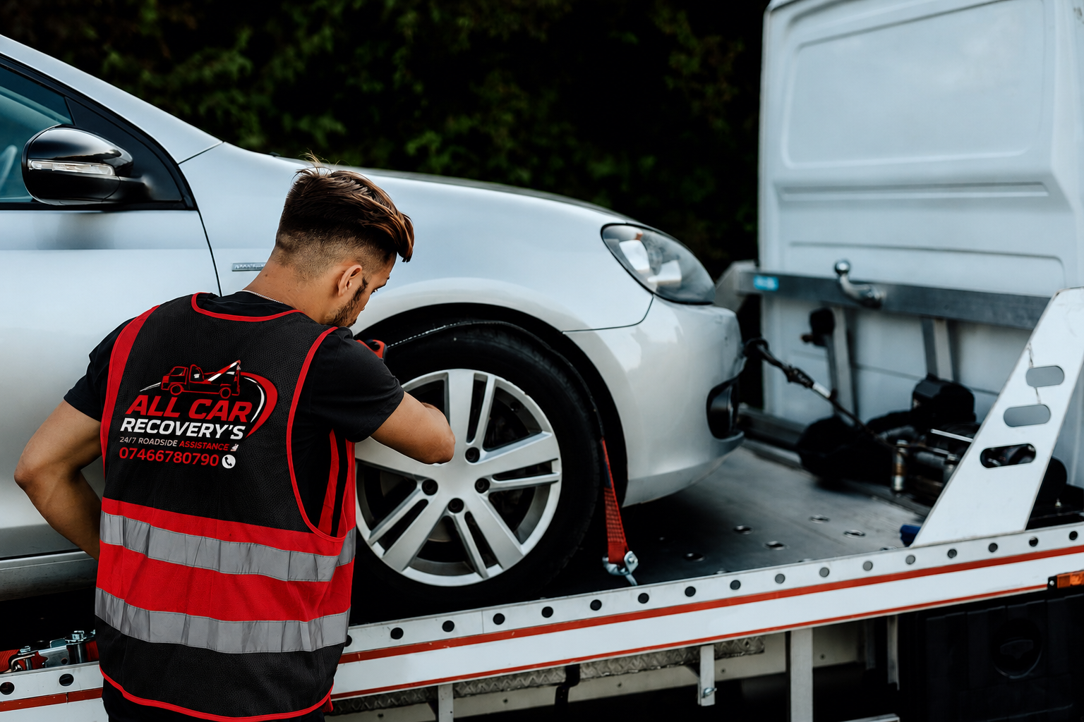 Tow worker securing car on flatbed truck.