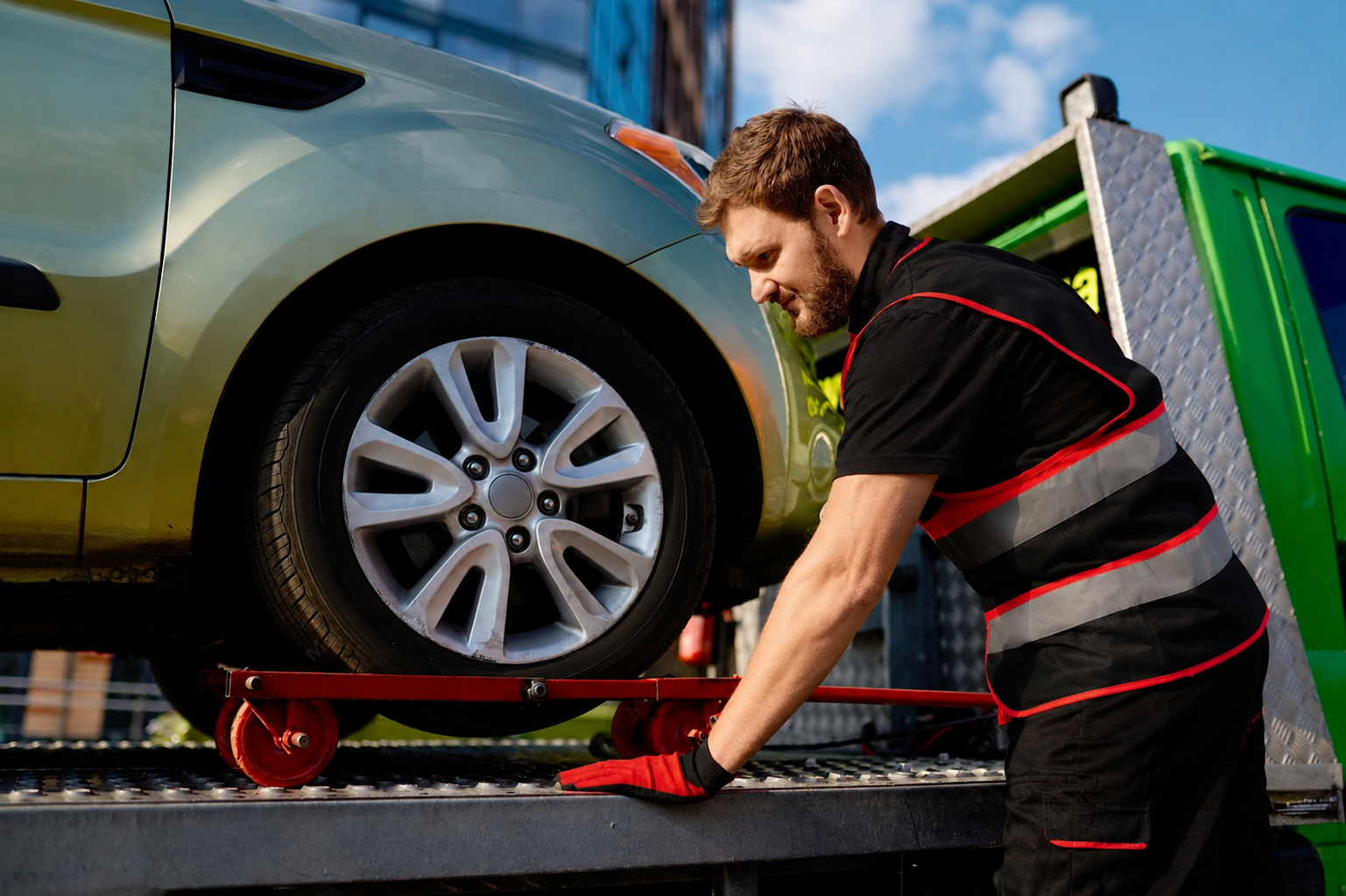 Tow operator secures car wheel on truck bed with dolly