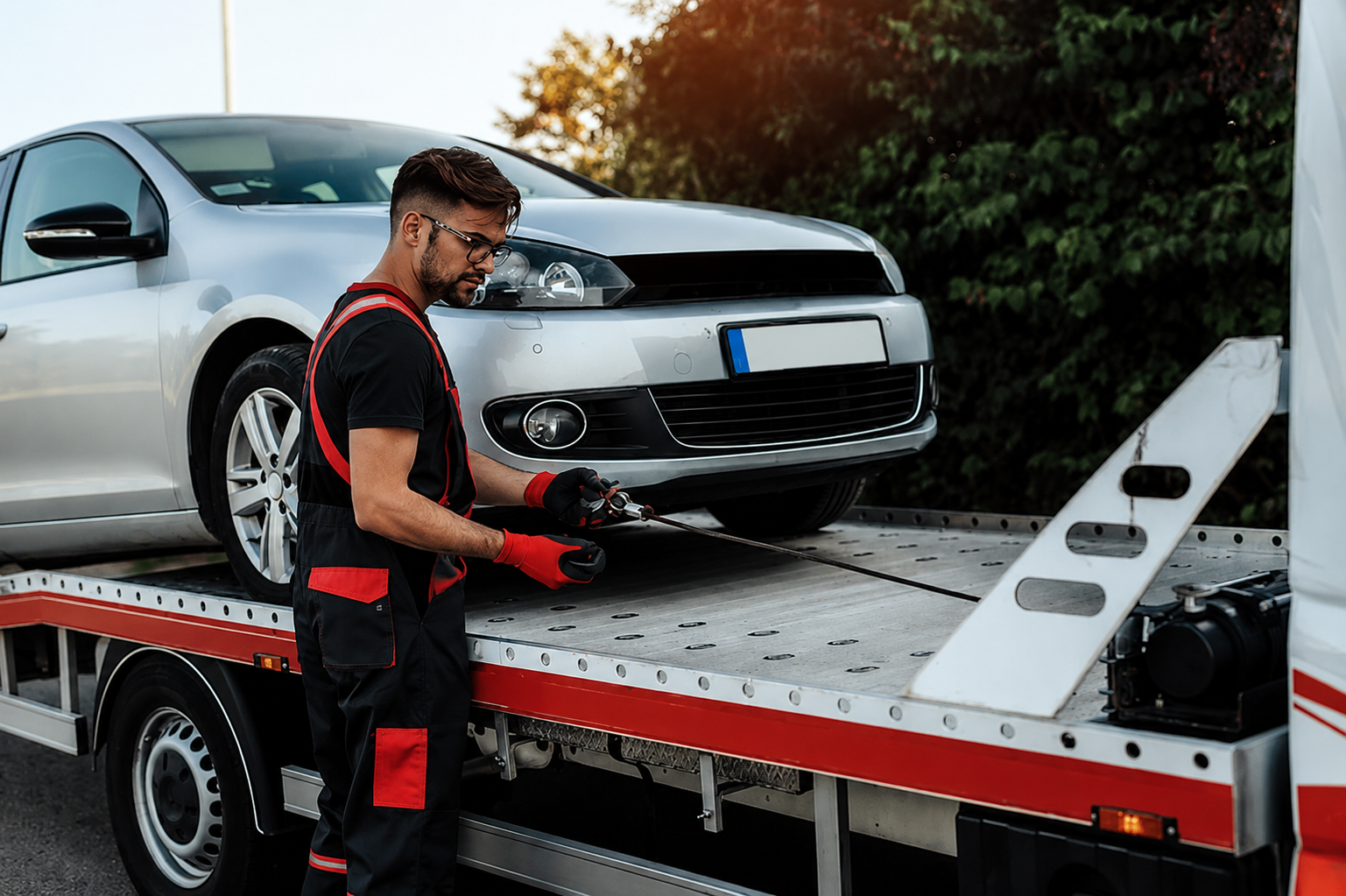 Tow truck operator winching a silver car onto a flatbed